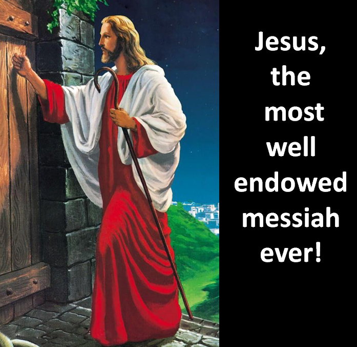 JFishhead's tweet image. My god, Jesus!  Is that a loaf of bread in your robe or is there a hooker behind the door?