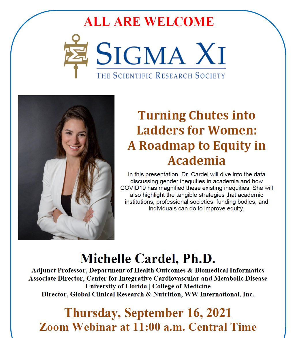 MichelleCardel's tweet image. Interested in learning more about gender equity in academia? 

I'll be giving a presentation on Turning Chutes into Ladders for Women: A Roadmap to Equity in Academia

PM me for Zoom details for this *free* webinar on Thursday September 16 at 12pm EST/11am CST. All are welcome!