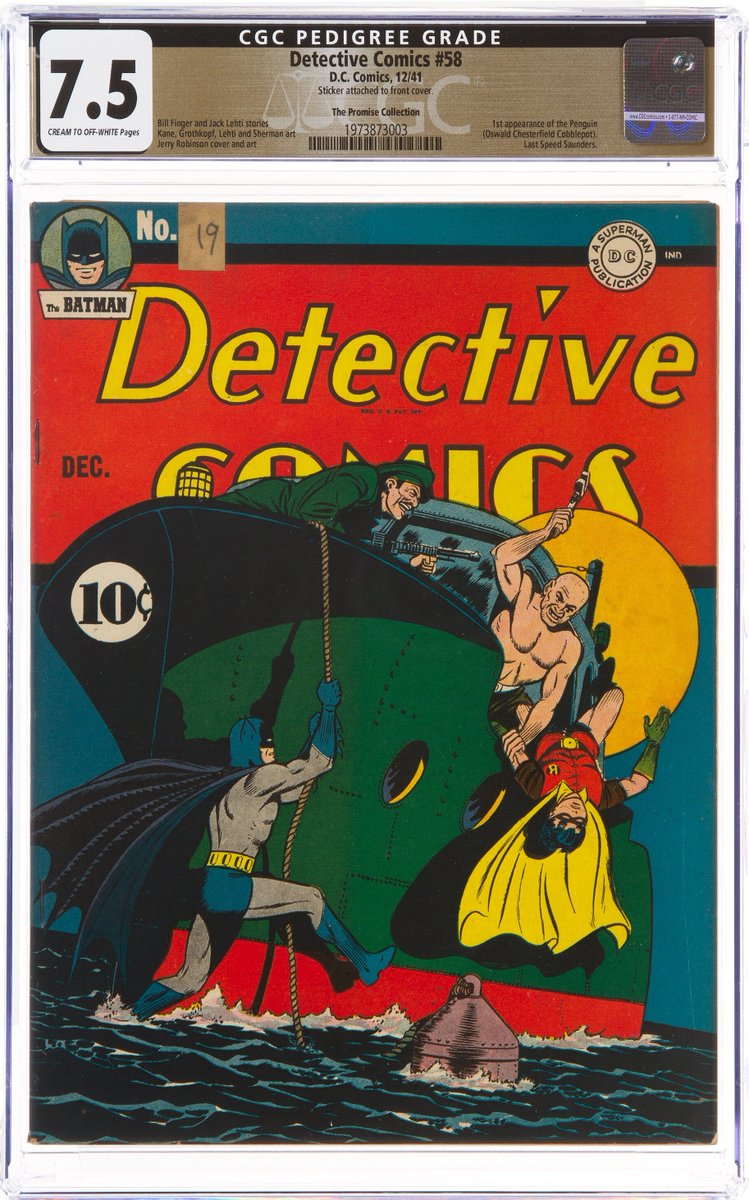 HeritageAuction's tweet photo. #HERITAGELIVE: One of the best-known copies of #DetectiveComics No. 58 – featuring the debut of #ThePenguin, who’s about to return to the big screen – was to be found in #ThePromiseCollection. This attic find opened at $12,500 and sold for $44,400. https://t.co/axzRIsU9GS https://t.co/h4YLMFNzLW