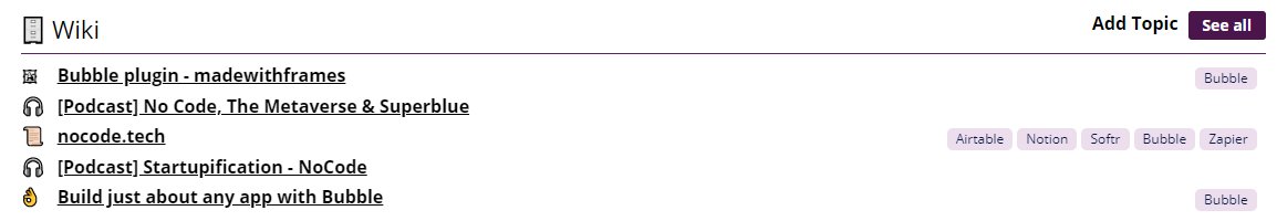 oliphantly's tweet photo. A feature I'm playing with for @setscommunities - a tagged wiki that can only be edited by people in a particular Slack community. Live feed direct to a Slack channel. Test wiki page for the NoCode Scotland group feat. fellow Bubbler's @madewithframes 🧋 https://t.co/b0soreWiAz