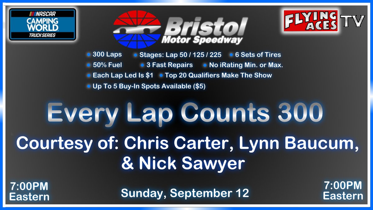 Set Your Calendars For This Sunday!

Courtesy of @Nichola87610698, @ChrisCa03116047, & @BaucumLynn we're running The Every Lap Counts 300 @ Bristol Motor Speedway Presented By The Flying Aces.

Top 20 Qualifiers Make The Show. No Heat.
$1 Per Lap Led
5 Buy In Spots Available ($5) https://t.co/62kIyzv1Zf