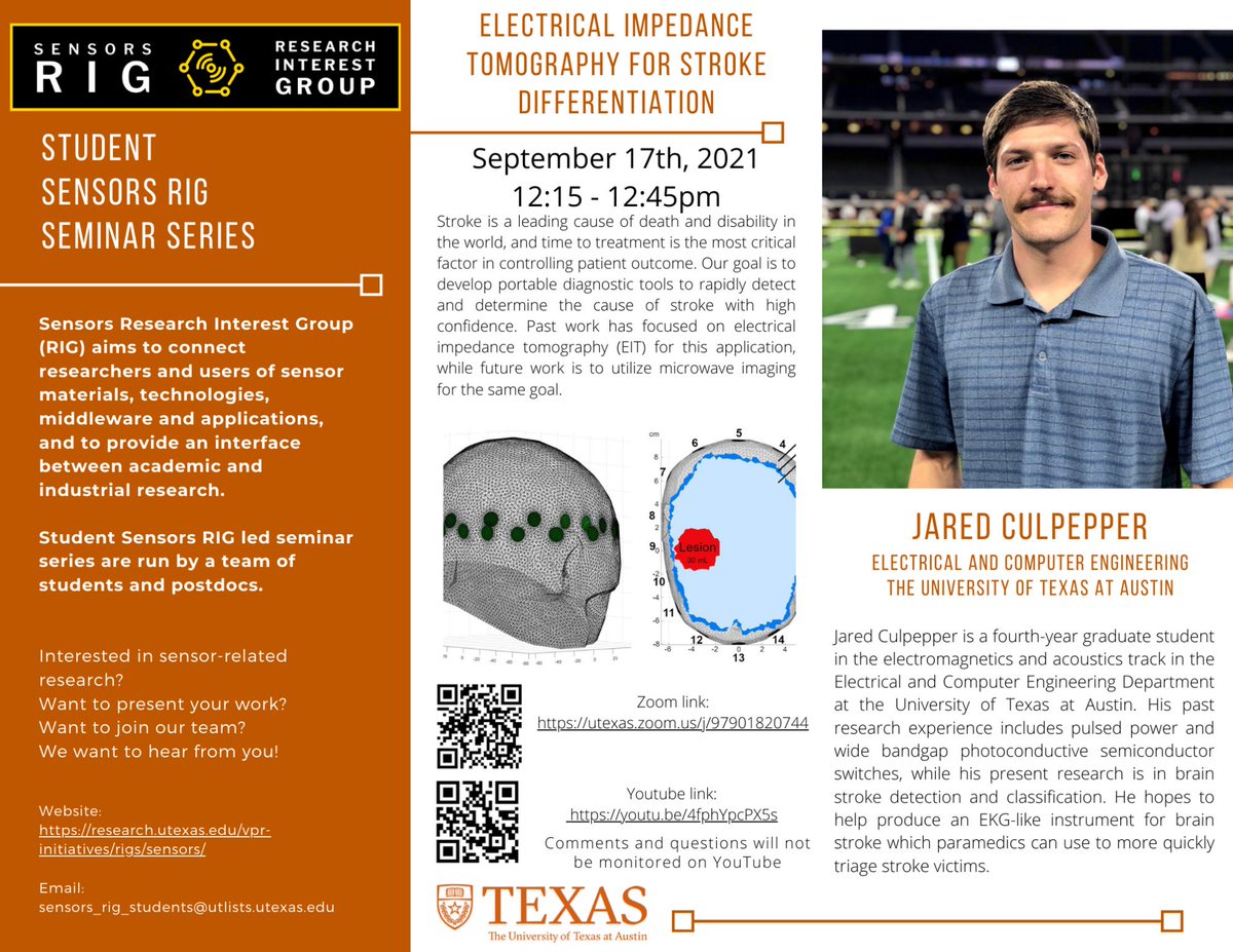 The Sensors RIG is excited to announce our first seminar of the Fall 2021 semester!! Save Sep. 17th from 12:15 - 12:45pm for stroke diagnostic sensors research with Jared Culpepper!!

Zoom: lnkd.in/e9Ciz8cR
YouTube: lnkd.in/eVpqarW3

#sensors