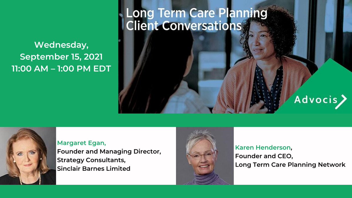 Advocis's tweet image. Join Karen Henderson, Founder and CEO of the Long Term Care Planning Network and Margaret Egan, Founder and Managing Director of Strategy Consultants at Sinclair Barnes for a National Webinar on Wednesday, September 15 at 11:00 AM EDT. 

REGISTER NOW! bit.ly/2WJfsYo