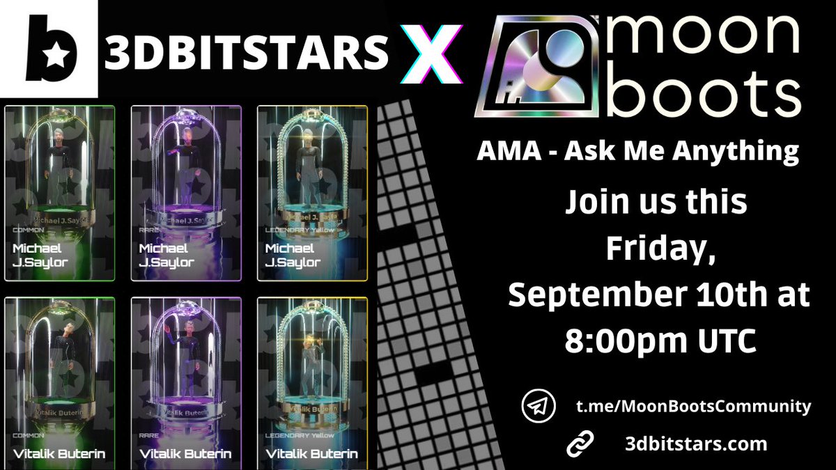 🔔 MoonBoots  #AMA with @3dbitstars 

⏰ FRI SEPT 10 @ 8PM UTC 

🕹 t.me/MoonBootsCommu…

TG: t.me/nftbitstars

Check out all the ways you can win with 3DBITSTARS: gleam.io/QvuPZ/3d-bitst…

#NFT #Crypto #nftart #3D