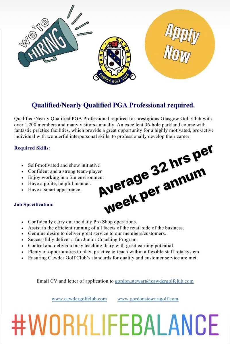 Fantastic opportunity for any forward thinking @ThePGA Professionals to fill a busy & exciting position @CawderGolfClub Plenty of opportunity to play, practice & teach, within a flexible staff rota. Join a great team with great earning potential #worklifebalance #worktolive