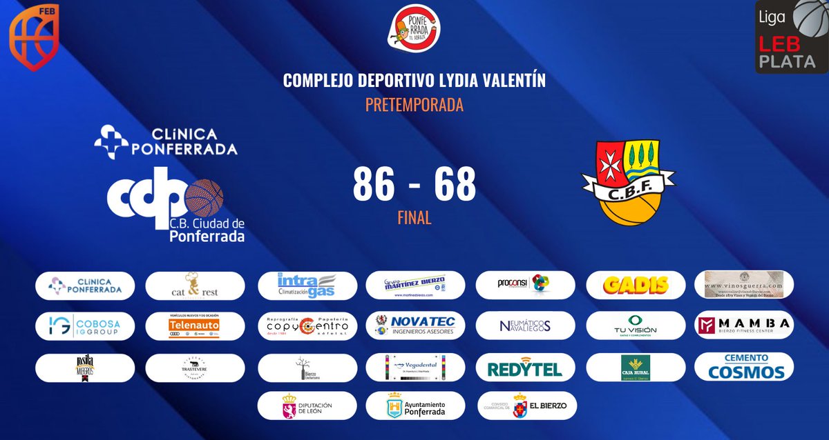 baloncestoSDP's tweet photo. FINAL del partido en el Lydia Valentín | #pretemporada 

#ClínicaPonferrada #CDP 8⃣6⃣-6⃣8⃣ @cblaflecha 

#JuntosParaSiempre #SomosCDP https://t.co/qxtCZlsc37