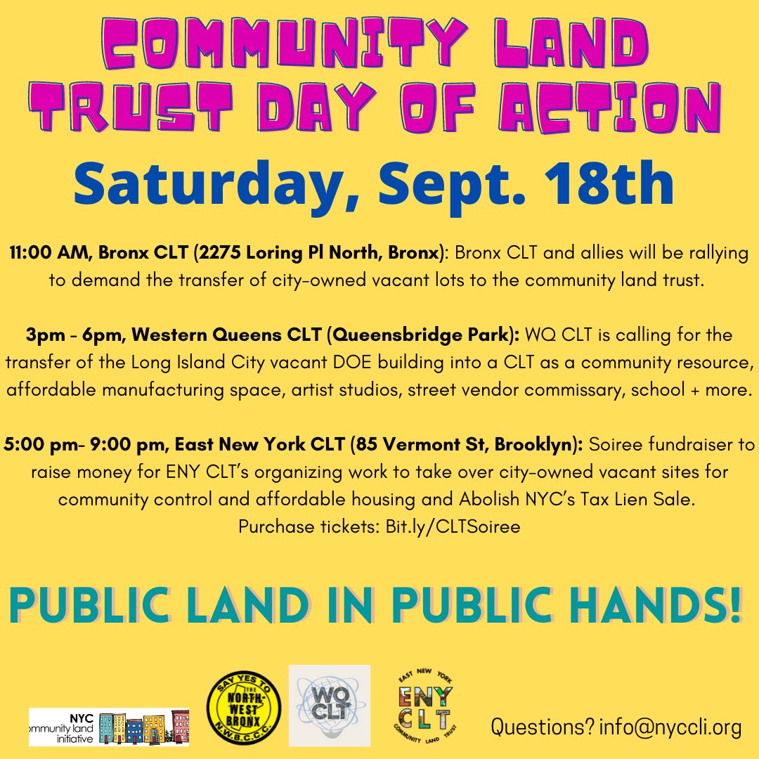 Join the CLT movement on 9/18 in a day of action calling on the <a href="/RacialJusticeNY/">NYC Racial Justice Commission</a> and <a href="/NYCCouncil/">New York City Council</a> to support disposing of public land for CLT's and non-profits! 
#PublicLandinPublicHands #CommunityControl #ReformtheCharter