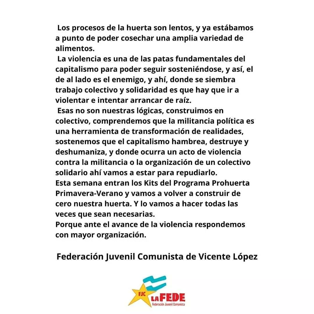 pcvlopez's tweet photo. Comunicado de la @fjcvlopez

La violencia es una de las patas fundamentales del capitalismo para poder seguir sosteniéndose, y así, el de al lado es el enemigo, y ahí, donde se siembra trabajo colectivo y solidaridad es que hay que ir a violentar e intentar arrancar de raíz. https://t.co/KXurTjwmUl