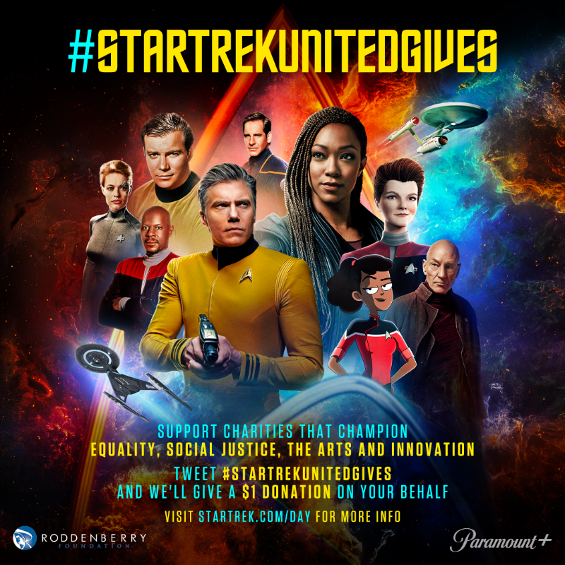 StarTrek's tweet image. In celebration of #StarTrekDay, for every person who tweets #StarTrekUnitedGives, @ParamountPlus and @RoddenberryFdn will donate $1 to organizations that do the real-world work of championing equality, social justice, arts, and innovation 🖖 StarTrek.com/Day