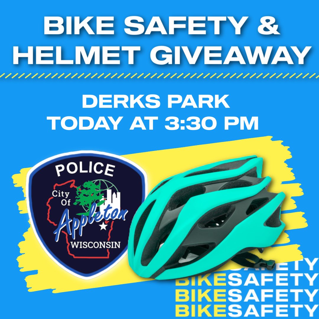 AppletonPD_WI's tweet photo. Join us today at 3:30 PM in Derks Park for some afterschool fun! We will have a small supply of children's bike helmets to give out and would love for you to stop by and say hi! Get outside and come visit us!
#bikesafetytips https://t.co/paguYOpzBM