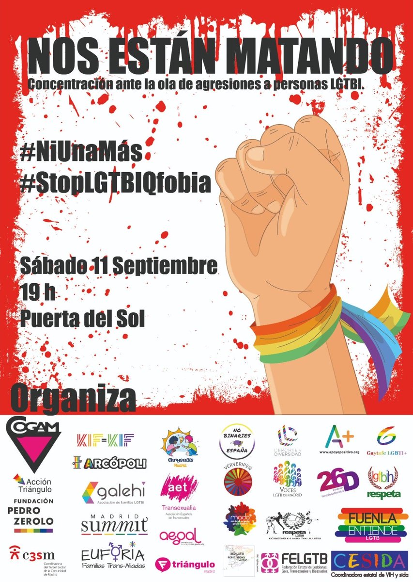 Mantenemos  la concentración de este sábado porque nos siguen agrediendo, la escalada de violencia hacia personas LGTBI+ nos hace vivir con miedo.

#StopLGTBIfobia