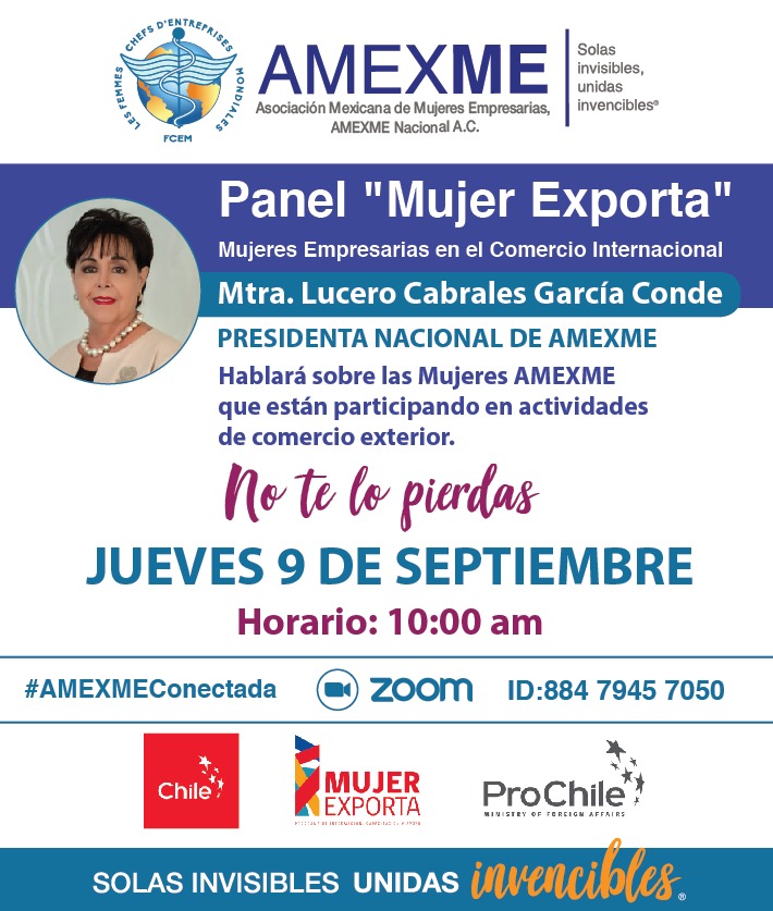 amexme's tweet photo. Estimadas asociadas: Mañana 9 de septiembre a las 10:00 am, acompaña a nuestra Presidenta Nacional @LuceroCabrales al panel "Mujer Exporta", donde hablará sobre las Mujeres AMEXME que están participando en actividades de comercio exterior 👩🏻‍💻Zoom ID: 884 7945 7050 #AMEXMEConectada https://t.co/CgKNWkyDmL