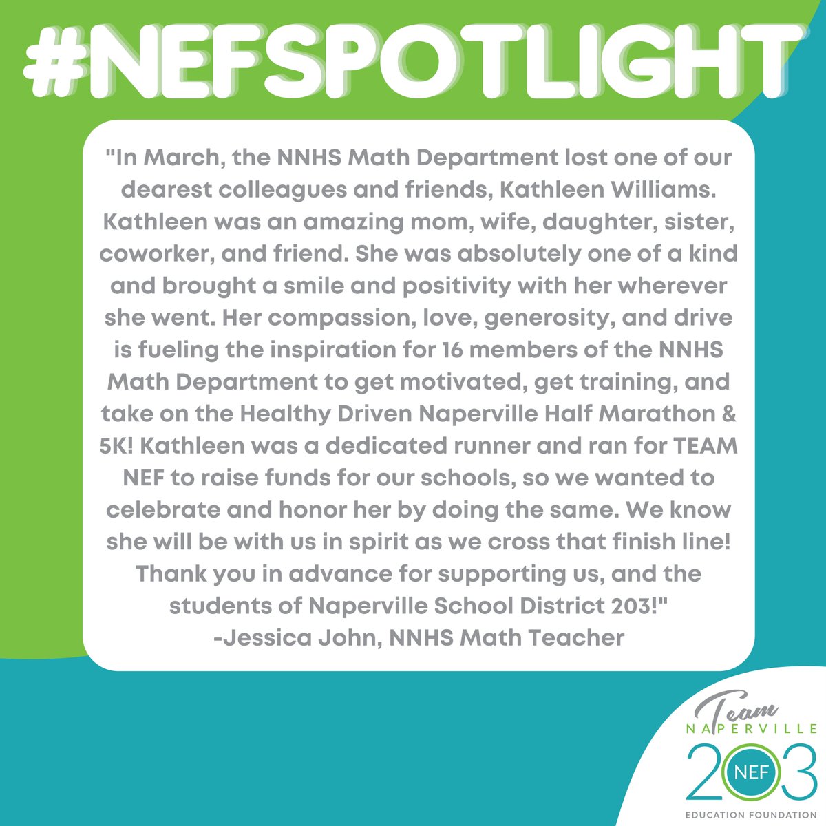 NEF203's tweet photo. This week, in memory of NNHS educator Kathleen Williams, NEF is honored to shine our #NEFSpotlight on the Naperville North High School Math Department.

To support NEF and NNHS in honor of Kathleen, you can donate to the NNHS Math Department's Team at https://t.co/pXpJs6KoG4 https://t.co/0MNFPePPAz