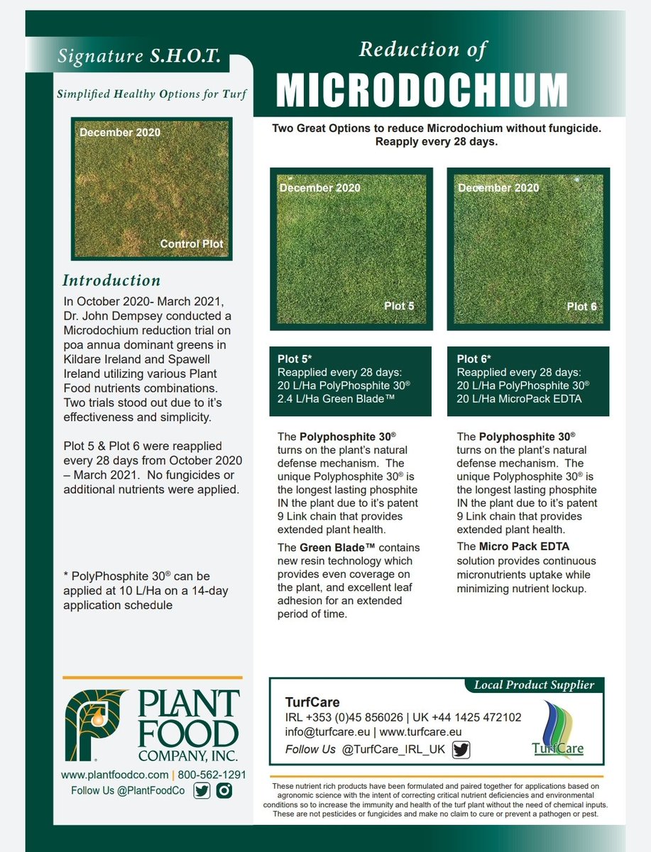 TurfCare_IRL_UK's tweet image. Non-Pesticidal Disease Management with our @PlantFoodCo New Unique Chemistry &amp;amp; Technology.2 great options only 2 products needed! #simplebuteffective Plant Health with TurfCare3PA approach #PolyPhosphite30notPhosphite @J_J_Dempsey Contact your TurfCare Technical Representative