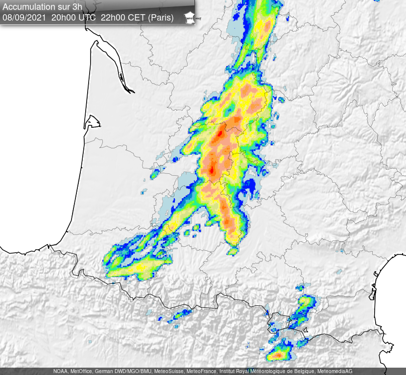 Les pluies diluviennes ont concerné une vaste portion de l'extrême est de l'#Aquitaine.
Outre les 130 mm à #Agen, on peut noter 80 mm à Montflanquin (47), 68 mm à Prayssas (47),65 mm à Villeneuve-sur-Lot (47), 61 mm à Gimont (32).
Lame d'eau radar @infoclimat 