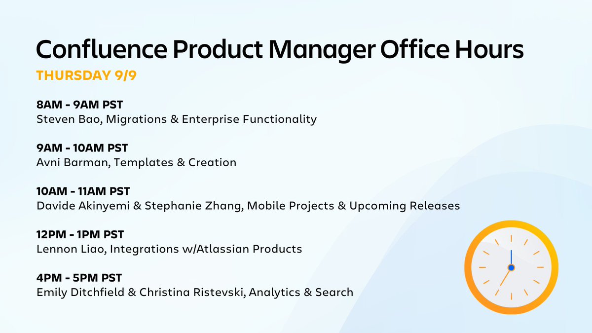 Confluence's tweet image. We’re holding #ConfluenceCollaboratory office hours from 8 AM - 5 PM PST tomorrow with #ConfluenceCloud Product Managers! 📝

Drop in to ask @Atlassian’s own collaboration experts about anything Confluence-related.

For more details and links to join:
community.atlassian.com/t5/Confluence-…