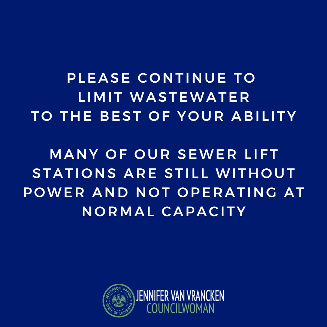 JennVanVJP's tweet image. We all want to wash clothes, but please be conservative in creating wastewater since many of our lift stations are without power - just because you have power doesn’t mean that the lift station has power! We will continue to update you on this situation as we know more.