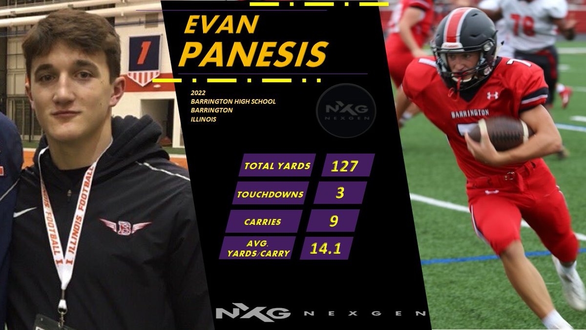 NXG Spotlight Player of the Week... 2022 RB/ATH Evan Panesis <a href="/EvanPanesis/">Evan Penesis</a> Barrington HS (Barrington-Illinois) vs. Wheeling HS
✅Total Rushing Yards: 127
✅Touchdowns: 3
✅Carries: 9
✅Average Yards/Carry: 14.1