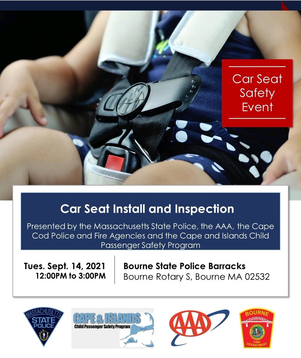 How can you tell if your child's car seat is installed properly? 
Have a certified child passenger safety seat technician inspect it.
We will be participating in an event Tuesday 9/18/21 at the <a href="/MassStatePolice/">Massachusetts State Police</a> barracks in Bourne.