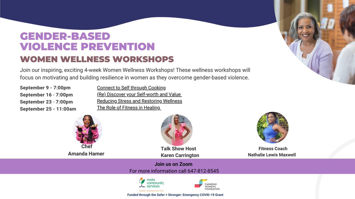 RootsCSPeel's tweet photo. Join us on Zoom for our Women Wellness Workshops series raising awareness about Gender-Based Violence (GBV).
We invite you to our first session Connect to Self through Cooking
Thursday, September 9th 7:00pm
https://t.co/Q4wn4LkMm9
#rootscs #genderbasedviolence #endgbc https://t.co/we00l18YFF