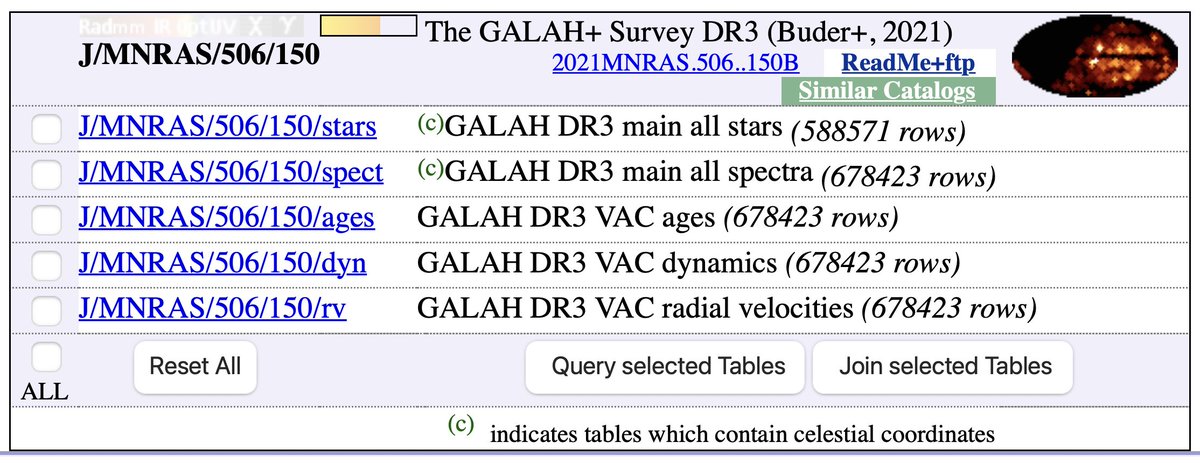 Thanks to <a href="/astro_sven/">Sven Buder</a> and the team at <a href="/CdSportal/">CDSportal</a>, all of GALAH DR3 is now available on Vizier. This will give you TAP access to our catalogues of abundances, ages, and kinematics.

Note that some of the column names to match the CDS requirements. 

vizier.u-strasbg.fr/viz-bin/VizieR…