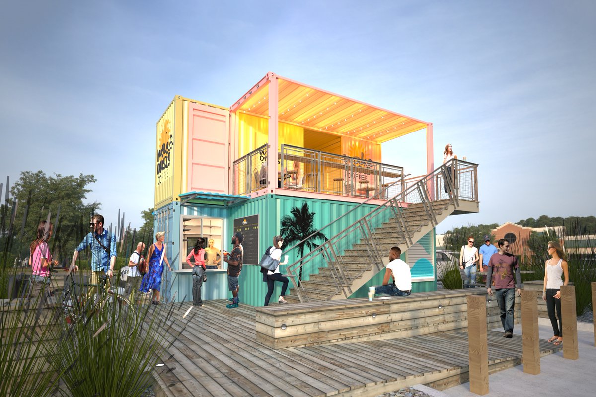 SteveHallArch's tweet photo. Our shipping container coffee drive-through concept, now public as Wake Oasis Coffee (https://t.co/7WrhMJHP6B)! #coffee #shippingcontainer #drivethru #architecture https://t.co/3iH82cxjtn