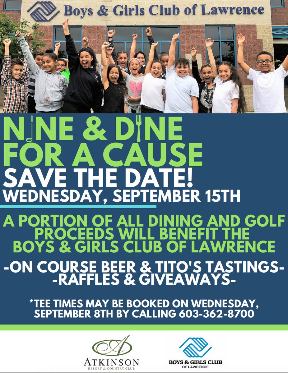 ￼SAVE THE DATE! ⛳️🏌🏻‍♀️Golf, eat-in, or order out next Wednesday at Atkinson Golf Club, and the majority of proceeds from golfing &amp; meals will be donated directly back to BGCL! Historically, this event has raised OVER $25,000, and supports programming for our Club kids! #BGCL
