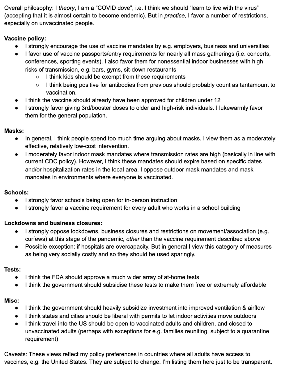 People on this platform routinely misrepresent my views on COVID policy so just for the record here are my views, which are pretty nuanced and about as middle-of-the-road as it gets.