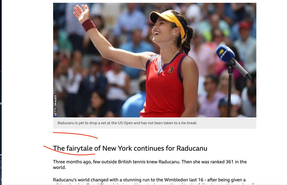 IsaSearch's tweet image. Two 'fairytale' mentions in one article. Emma Raducanu is a professional athlete, not a 5-year-old child. BBC, this is a bit condescending and undermines the amount of hard work and dedication that are behind her success.