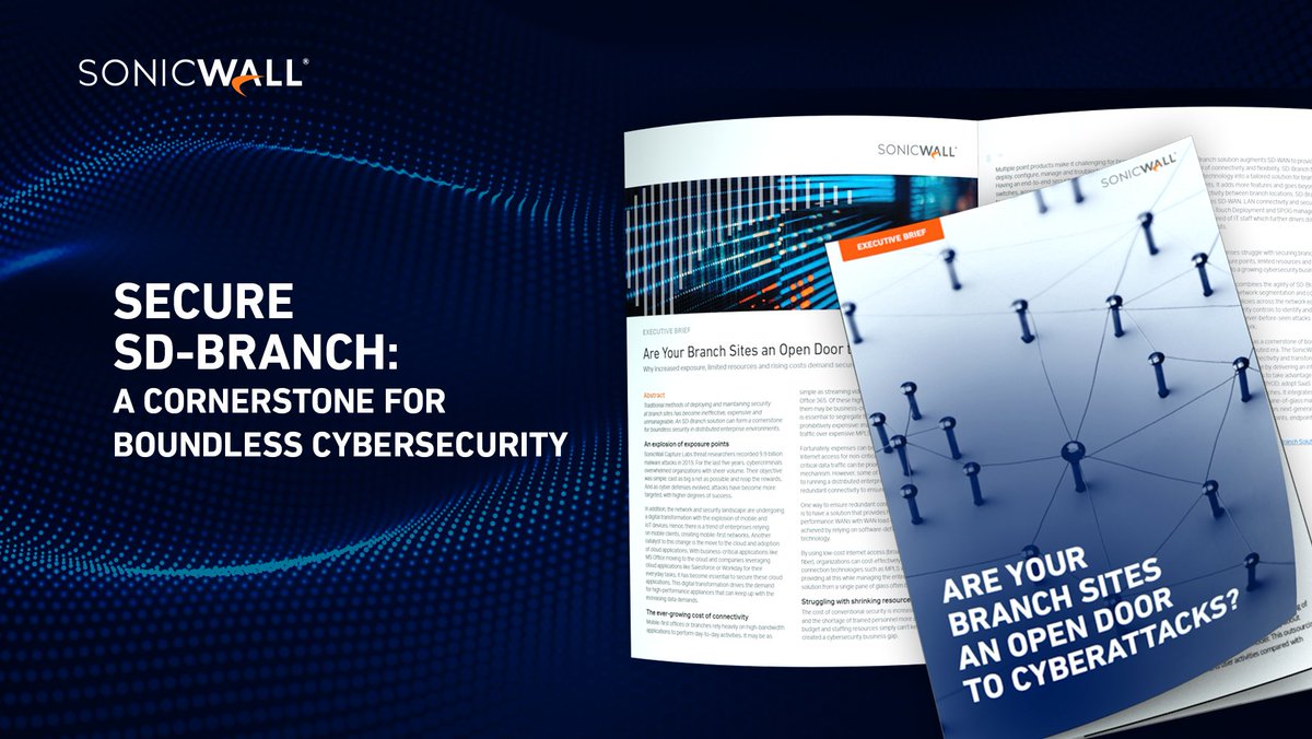 SonicWall's tweet image. Traditional methods of deploying and maintaining security at branch sites have become ineffective, expensive and unmanageable. SonicWall Secure #SDBranch offers #boundless security in distributed enterprise environments. Read the brief: bddy.me/3imbY3w