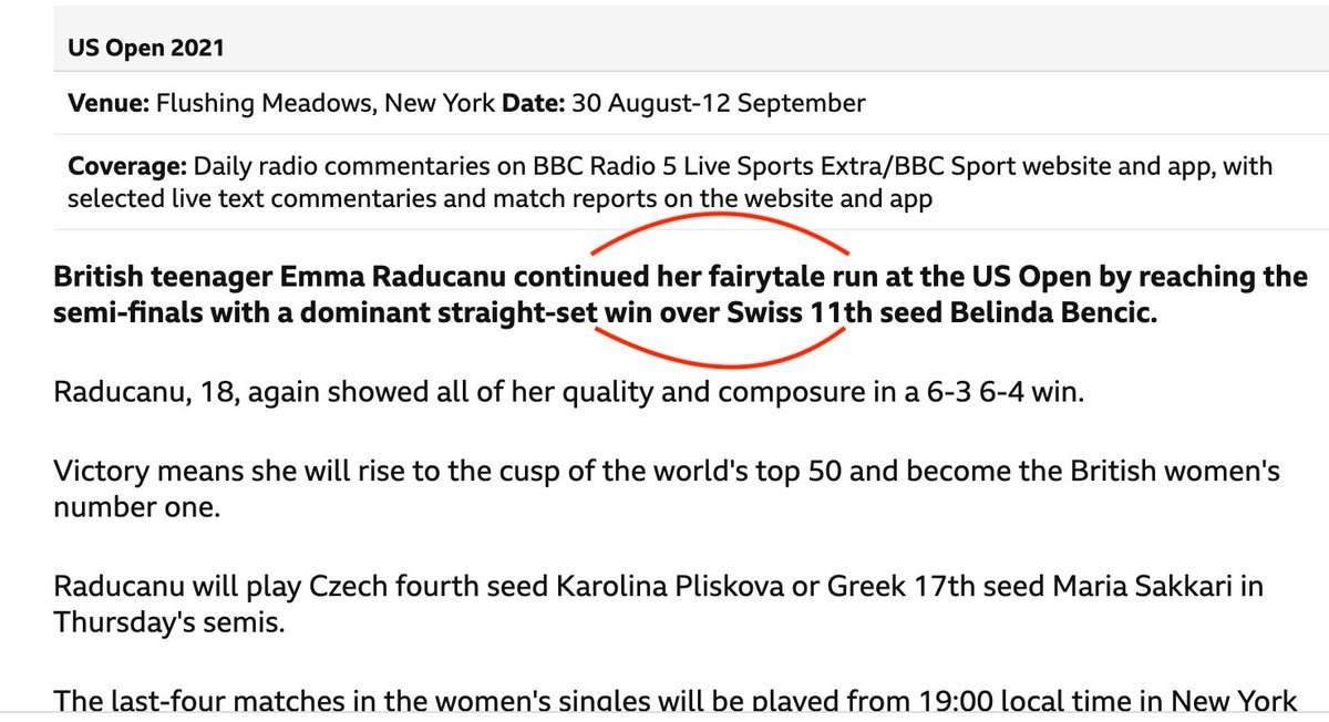 IsaSearch's tweet image. Two 'fairytale' mentions in one article. Emma Raducanu is a professional athlete, not a 5-year-old child. BBC, this is a bit condescending and undermines the amount of hard work and dedication that are behind her success.
