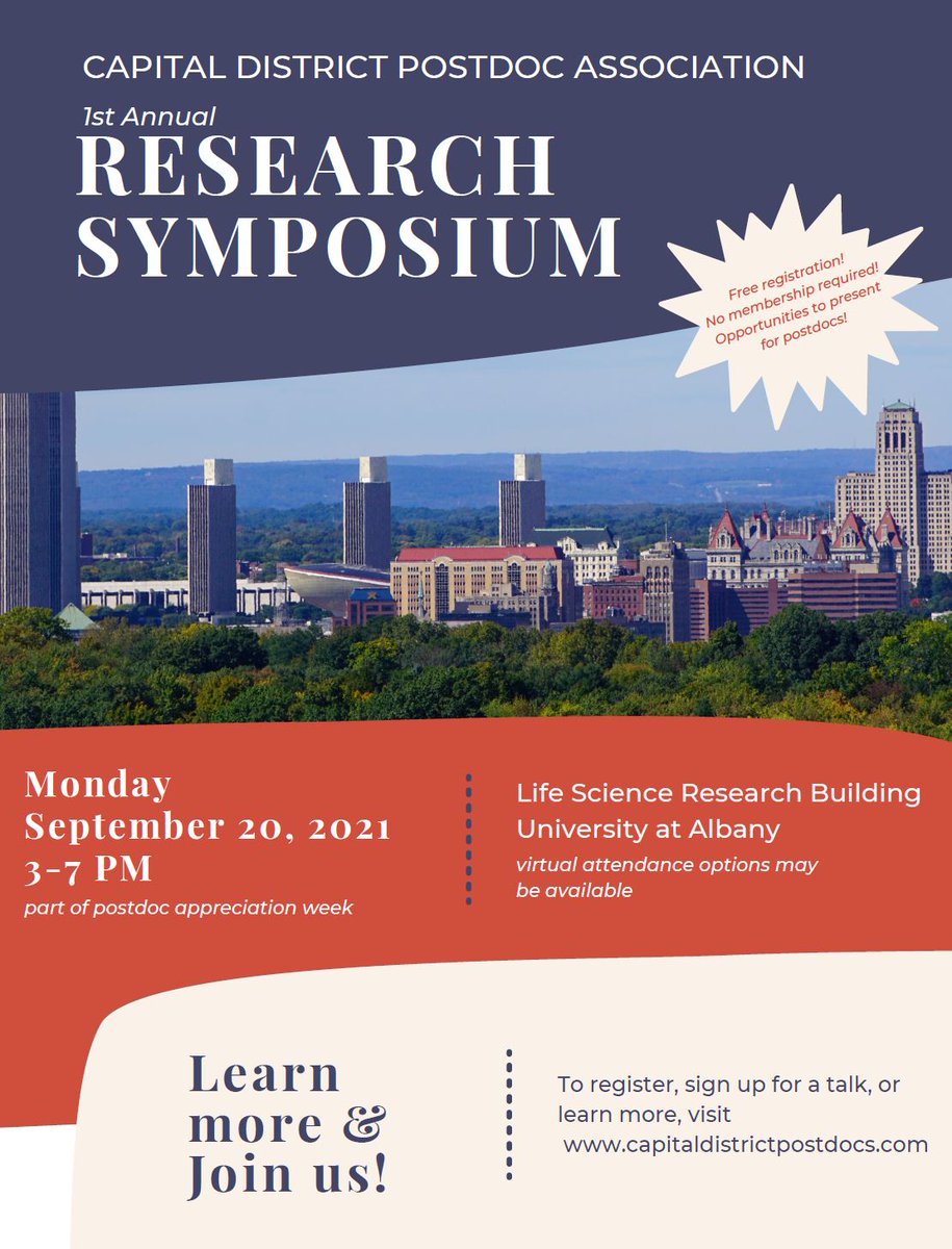 UAlbanyLSRB's tweet image. The @CapDistPostdocs will be hosting its 1st Annual Research Symposium on Sept 20th from 3-7pm here in the Life Sciences Research Building at @ualbany. Please see the flyer below for registration!