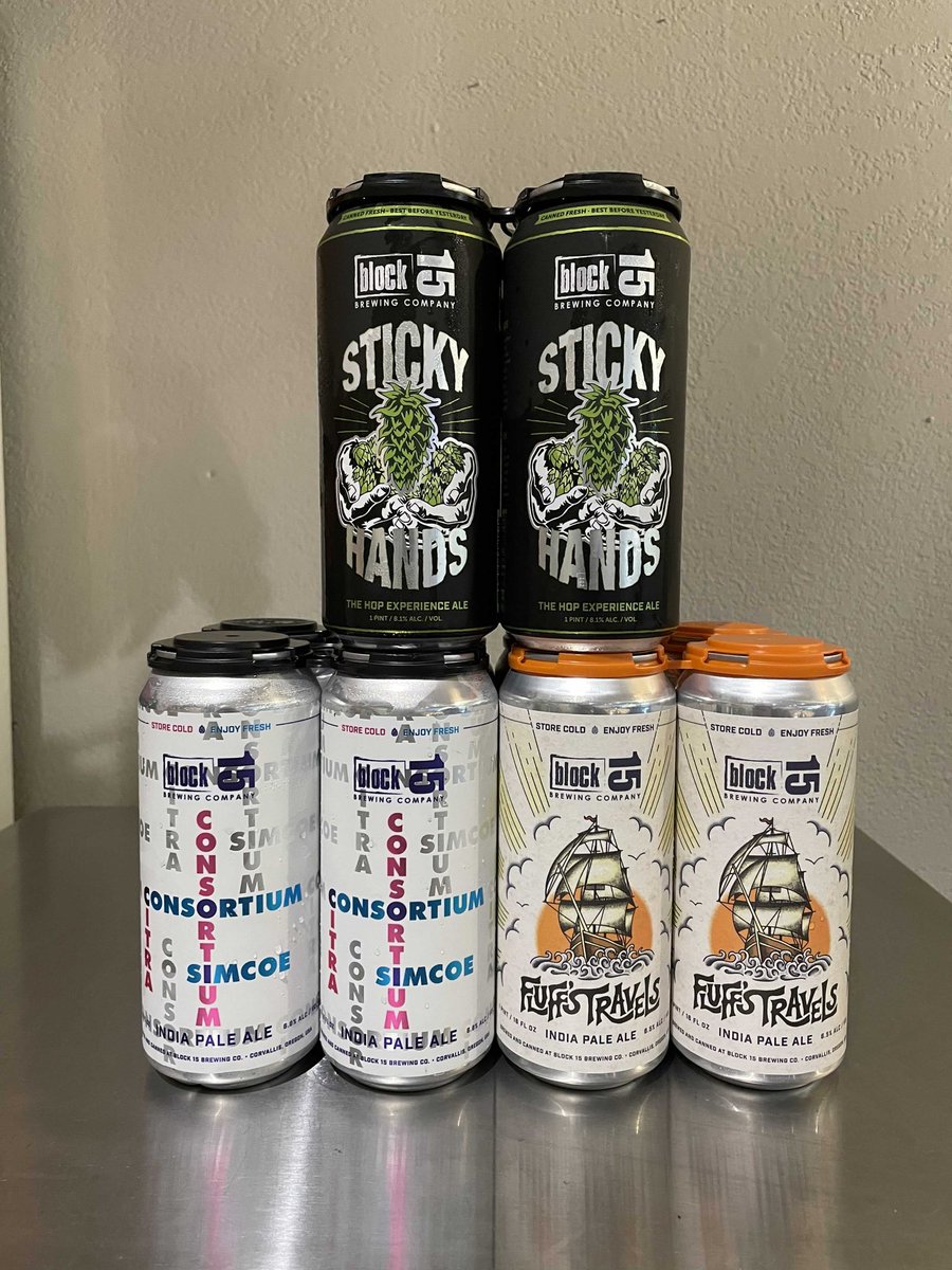 Fresh Sticky Hands, Fluff's Travels &amp; Consortium: Citra x Simcoe from <a href="/Block15Brewing/">Block 15 Brewing Co.</a> are now available! Order ahead @ thelocal.beer 👍🍻💪