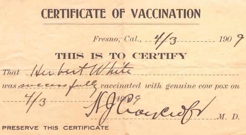 A 1909 vaccination card for Smallpox in Fresno, California.  credit: Yale University