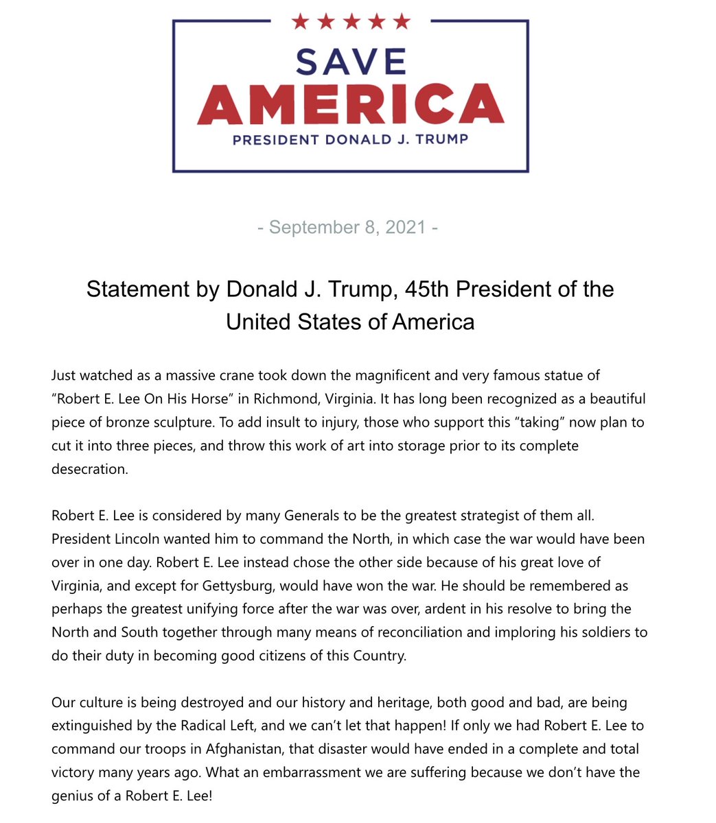 Trump, in a lengthy statement, decries the removal of Richmond's Robert E. Lee statue, calling it "magnificent."

"If only we had Robert E. Lee to command our troops in Afghanistan... What an embarrassment we are suffering because we don’t have the genius of a Robert E. Lee!"