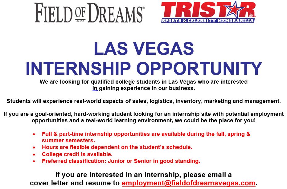 TRISTAR Miracle Mile (@tristarvegas) on Twitter photo INTERNSHIP OPPORTUNITY: Tristar is seeking qualified college students interested in gaining experience in our Las Vegas business. Full & part-time opportunities are available for college credit. Interested? Email a cover letter/resume to employment@fieldofdreamsvegas.com. INTERNSHIP OPPORTUNITY: Tristar is seeking qualified college students interested in gaining experience in our Las Vegas business. Full & part-time opportunities are available for college credit. Interested? Email a cover letter/resume to employment@fieldofdreamsvegas.com.