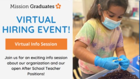 We're hiring! Looking for dedicated, passionate people. Join us to experience "a day in the life" at MG. Wed, 9/15 @ 5:30 PT. Join us!  #teachers #futureleaders missiongraduates.zoom.us/j/5360564477