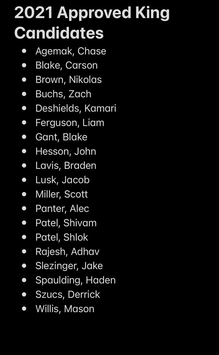 Here it is, the final, 2021 approved Homecoming King/Queen candidate list. If you believe there is an error please see Mr. Pehote by noon Friday 9/10/21. Seniors will vote online next Monday - Wednesday to select their court.