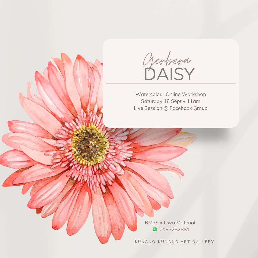 18 Sept 2021 
11 am • Live session from Facebook Group. 
Step by step guidance till complete. #paintwithrenee #gerberadaisy #daisypainting #watercolourworkshop #reneemoi