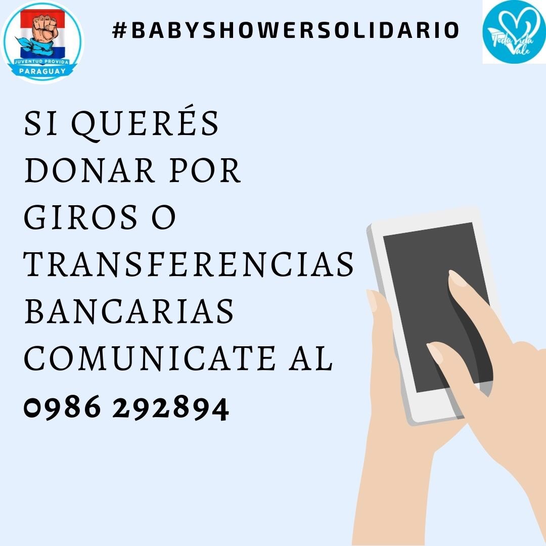 •¡Súmate al #BabyShowerSolidario!•

Todas las donaciones serán para ayudar a un grupo de mujeres embarazadas de escasos recursos 🤰

Para giros o transferencias bancarias comunicate al: 0986 292894 💙📲🙌🏼

<a href="/juvprovidapy/">Juventud Provida Py 🇵🇾</a> 
<a href="/todavidavale_py/">Toda Vida Vale PY</a>
