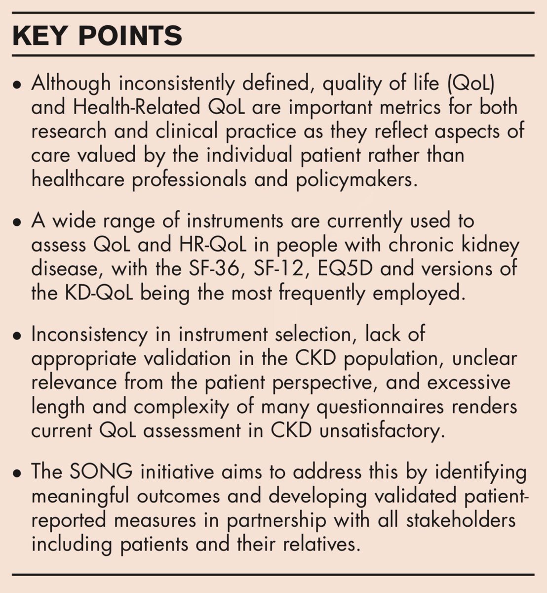 A recent article in @CO_Neph_Hype summarizes the current approaches to assessing #QualityOfLife in people with Chronic Kidney Disease, and highlights future areas for improvement. @song_initiative ➡️ bit.ly/3ngmKOK