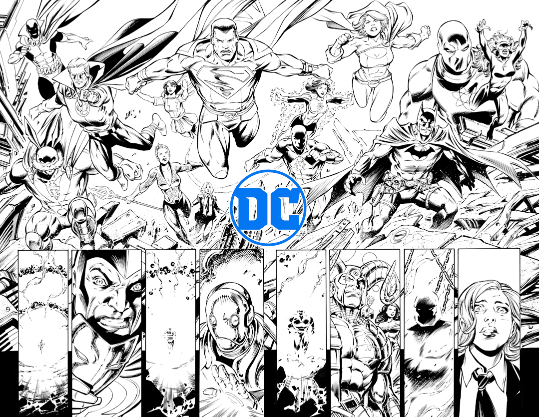 Double page original spread from Infinite Frontier #5. Be sure to pick up #6 this week! Williamson/Pelletier/Rapmund. @DCComics @thedcnation #InfiniteFrontier #Superman #Batman #OriginalArt #DoublePageSplash #JoshuaWilliamson #PaulPelletier