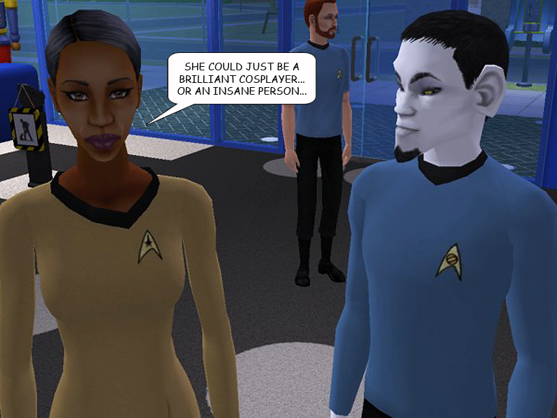 CourtleyManor's tweet photo. #CourtleyManorRecap: As Captain Jerk follows the Gynorian to the #PhotoBooth for #WooHoo, Ren and Wock debate whether or not the newcomer is real, and whether or not the #StarSims themselves are real, leading to a philosophical discussion about the nature of reality itself. (1/2) https://t.co/ptBVa0UbcA
