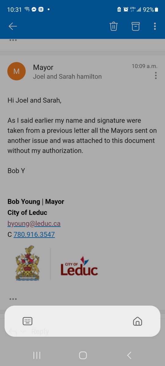 JoelDHamilton's tweet photo. @DeanBennettCP  what is your take on this? Is major media producing #fakenews or is @MayorBobY_Leduc incorrect in saying his name was #forged on this #letter. #checkoutthesource #COVID19 #alberta @globeandmail  #Leduc https://t.co/5lCXsomCMB