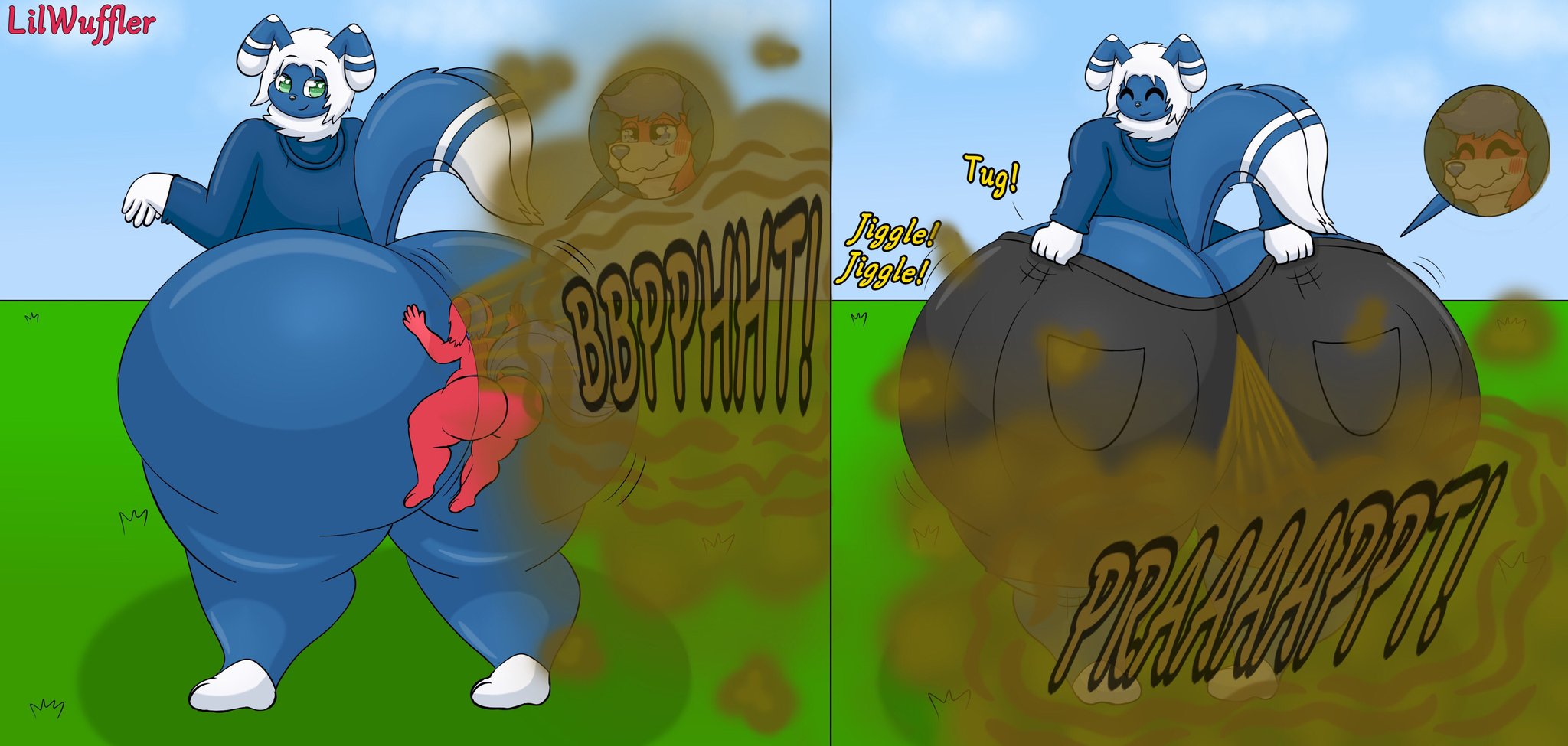 GassyWuffler on X: For Syncrovox on FA, featuring his character Randal  squashed on Raef's gassy booty as he pulls his pants up~ Alt where my  character Wuffler is squashed too!  /