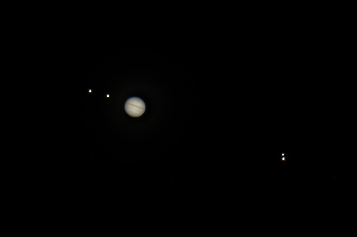 Jupiter on Tuesday night with the four Galilean moons visible. From left to right: Io, Europa, Callisto, Ganymede