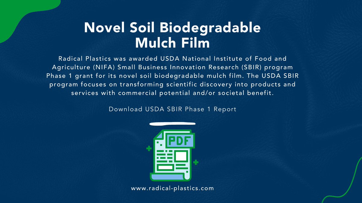 RadicalPlastics's tweet photo. Radical Plastics was awarded USDA NIFA SBIR program Phase 1 grant for its novel soil #biodegradable mulch film. The USDA SBIR program focuses on transforming scientific discovery into products and services with commercial potential and/or societal benefit. #mulchfilm #agriculture https://t.co/S5xLPk0w49