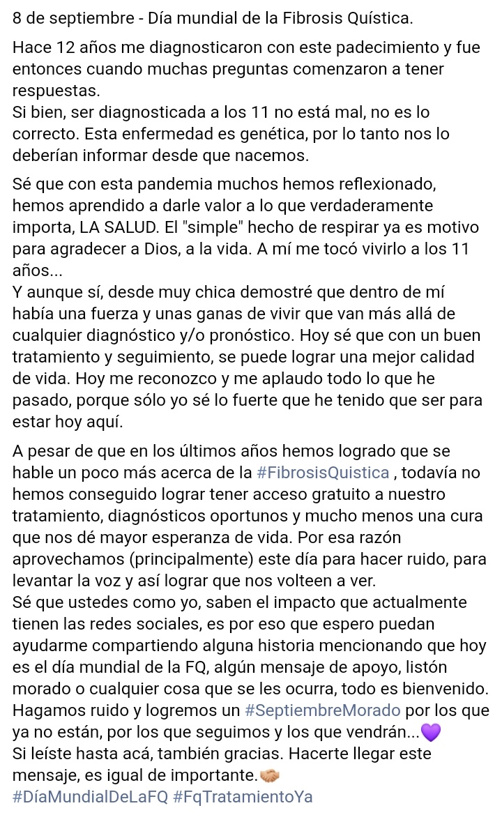 Ahí vengo acá también a recordarles que hoy, 8 de septiembre es #DiaMundialdelaFibrosisQuistica 
No les toma más de 1 minuto dar RT y sí ayuda bastante! Sigamos haciendo ruido 'por los que ya no están, por los que seguimos y los que vendrán...'💜 #FQ