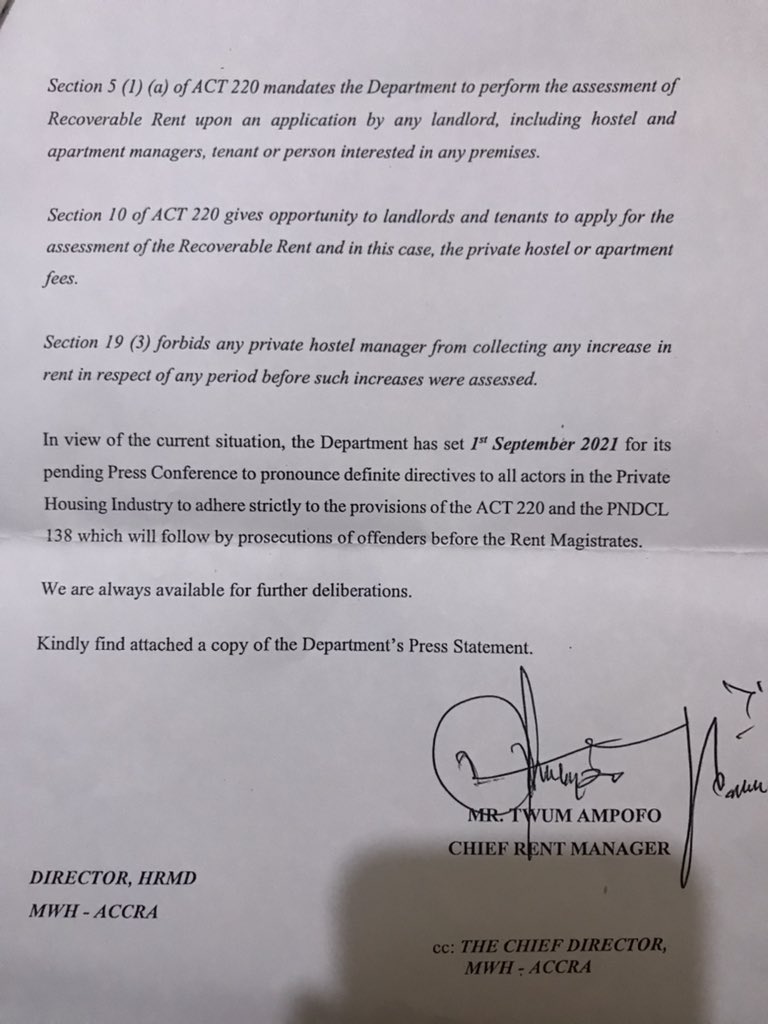 _NanaCwesi_'s tweet photo. #FixHostelPrices Update: Ministry of Works and Housing and Rent Control Department has responded to a request I sent to them on the 5th of August, 2021 to help intervene on the rampant increase of hostel prices in #KNUST.

👇🏽👇🏽👇🏽👇🏽👇🏽 https://t.co/j43VJEPT0U