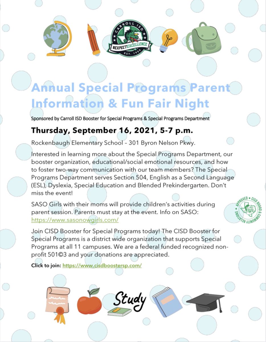 One week away! Come out and support our wonderful Special Programs Department💙<a href="/CISDSpProg/">CISDSpecialPrograms</a> <a href="/Carrollisd/">Carroll ISD</a> <a href="/CISDPsychServ/">CISD Psych Service Team</a> <a href="/CISDboosterSP/">CISD Booster for Special Programs</a>